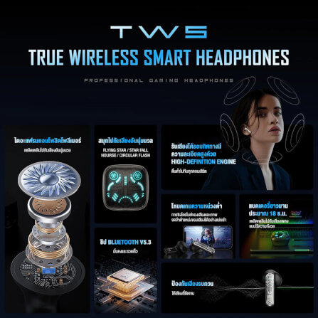 หูฟังเกมมิ่งไร้สาย ONIKUMA T1 TWS BLUETOOTH GAMING EARPHONES - สีดำ_6